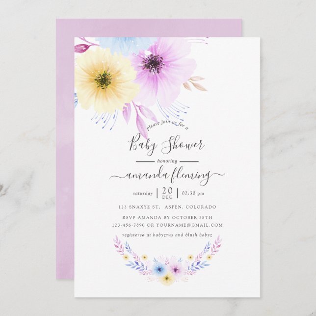 Pastel Pink and Blue Floral Baby Shower Invitation (Front/Back)