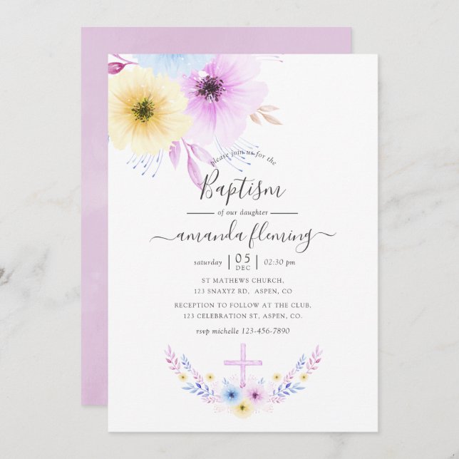 Pastel Pink and Blue Floral Baptism Invitation (Front/Back)