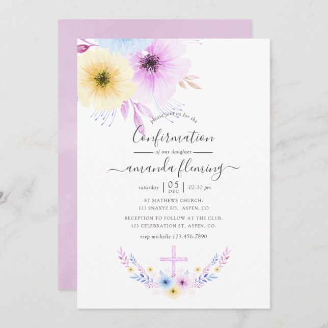 Pastel Pink and Blue Floral Confirmation Invitation (Front/Back)