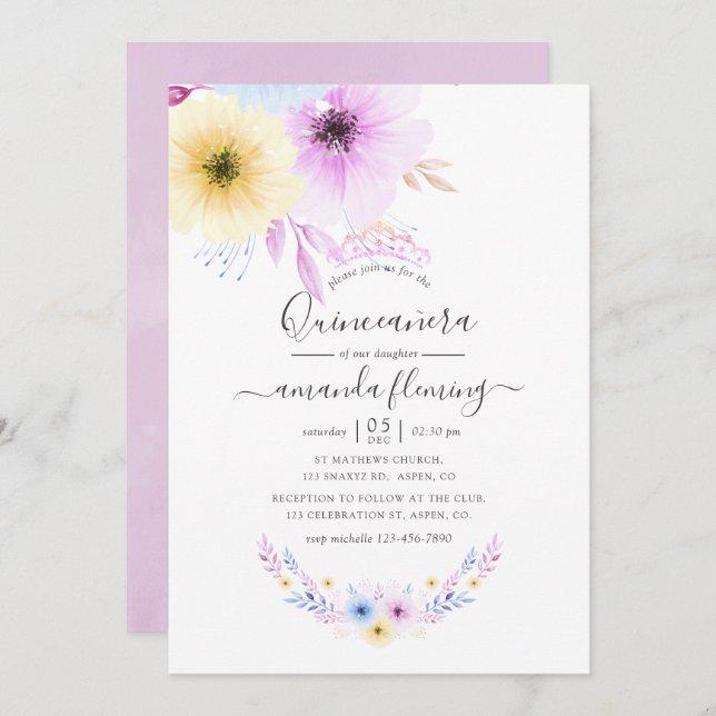 Pastel Pink and Blue Floral Quinceañera Invitation (Front/Back)
