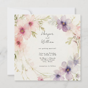 Pastel pink and blue flowers wedding invitation