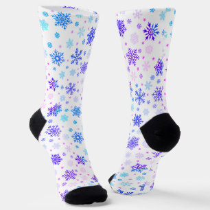 Pastel Pink and Blue Snowflakes Elegant White Socks