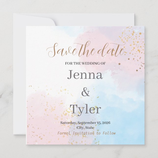 Pastel Pink and Blue Watercolor Save the Date (Front)
