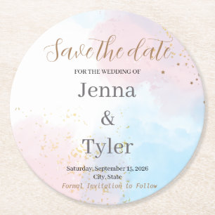 Pastel Pink and Blue Watercolor Save the Date  Round Paper Coaster
