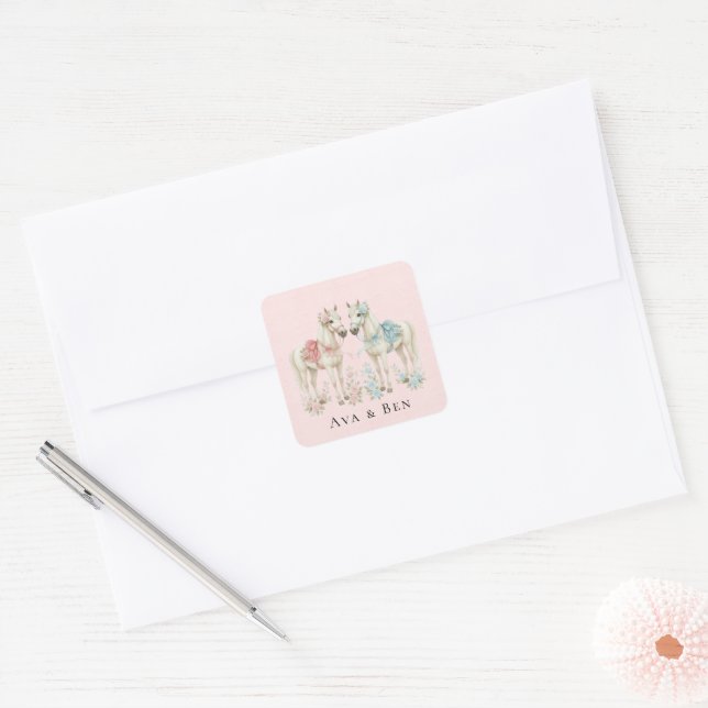 Pastel Pink and Blue Wedding Horses Square Sticker (Envelope)