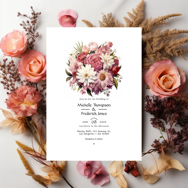 Pastel Pink and Cedar Brown Floral Summer Wedding Invitation (Creator Uploaded)