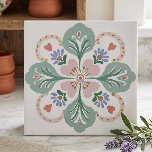 Pastel Pink and Green Folk Art Floral Ceramic Tile (Pastel Pink and Green Folk Art Floral Ceramic Tile)