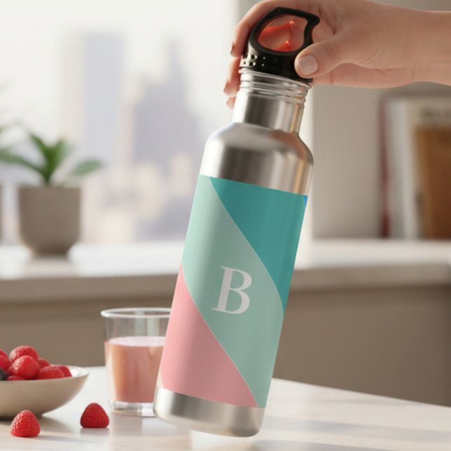 Pastel Pink and Green Monogram Striped 710 Ml Water Bottle (Creator Uploaded)