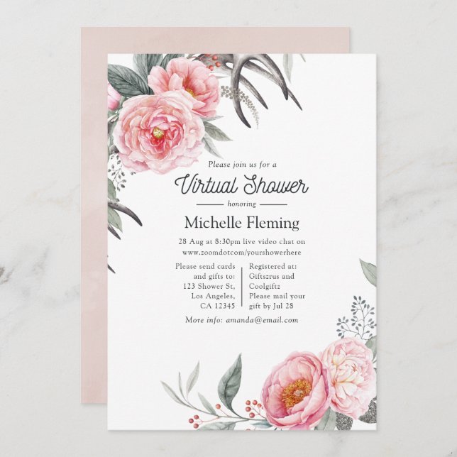 Pastel Pink and Grey Boho Floral Virtual Shower Invitation (Front/Back)
