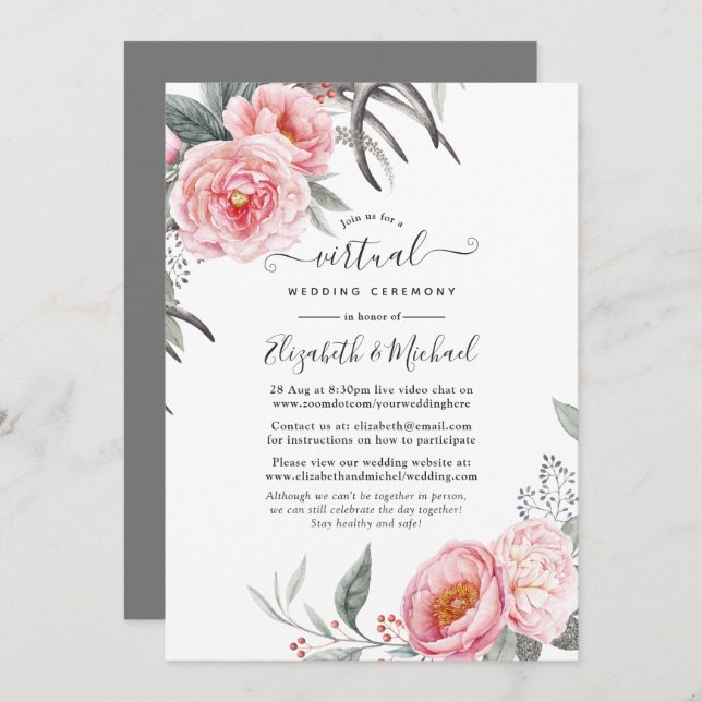 Pastel Pink and Grey Boho Floral Virtual Wedding Invitation (Front/Back)