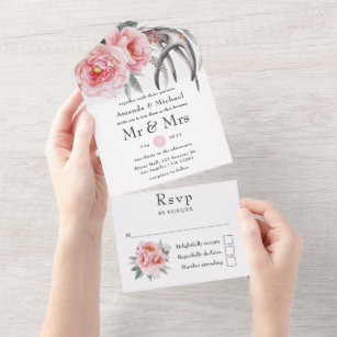 Pastel Pink and Grey Boho Floral Wedding All In One Invitation