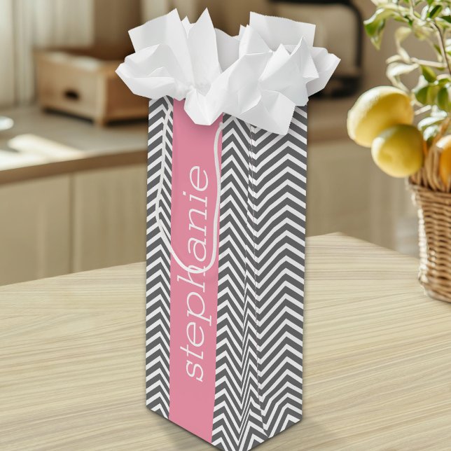 Pastel Pink and Grey Chevrons Custom Name Wine Gift Bag (Custom Gift Bag)