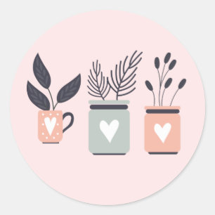 Pastel pink and grey modern pot plants classic round sticker