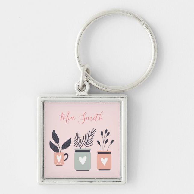 Pastel pink and grey modern pot plants key ring (Front)