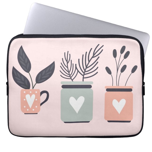 Pastel pink and grey modern pot plants laptop sleeve (Front)