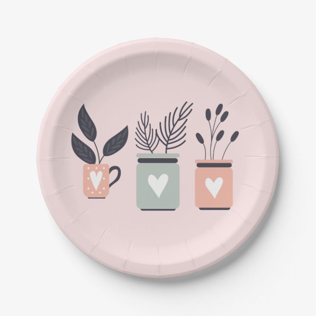Pastel pink and grey modern pot plants paper plate (Front)
