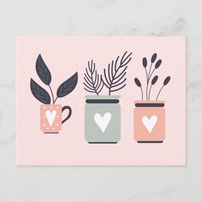 Pastel pink and grey modern pot plants postcard (Front)