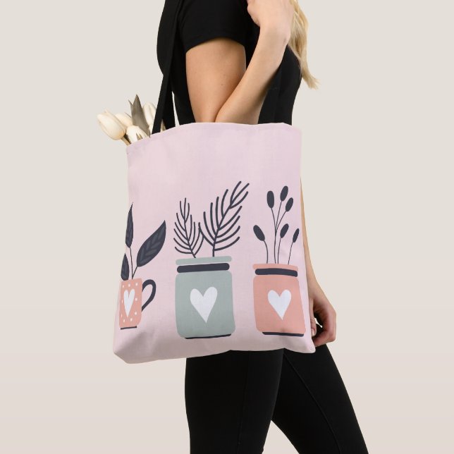 Pastel pink and grey modern pot plants tote bag (Close Up)