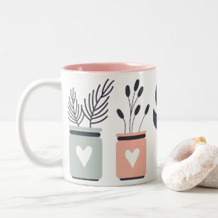 Pastel pink and grey modern pot plants Two-Tone coffee mug