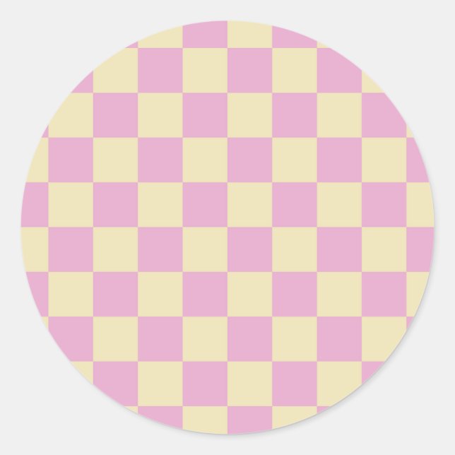 Pastel Pink and Light Yellow Chequerboard Classic Round Sticker (Front)