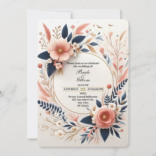 Pastel Pink and Navy Floral Wedding Invitation (Front)