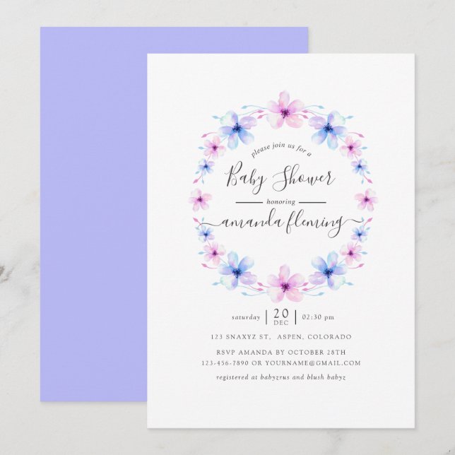 Pastel Pink and Purple Floral Baby Shower Invitation (Front/Back)
