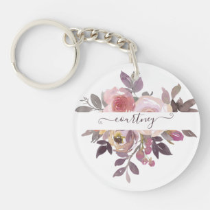 Pastel pink and purple floral personalised key ring