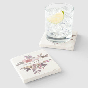 Pastel pink and purple floral personalised stone coaster