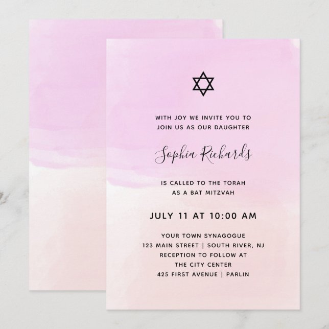 Pastel Pink and Purple Watercolor | Bat Mitzvah Invitation (Front/Back)