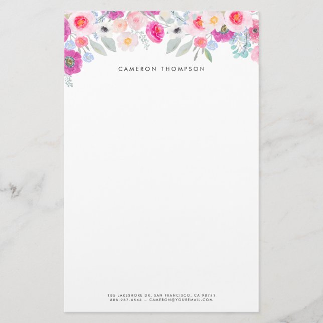 Pastel Pink and Purple Watercolor Floral Garland Stationery (Front)