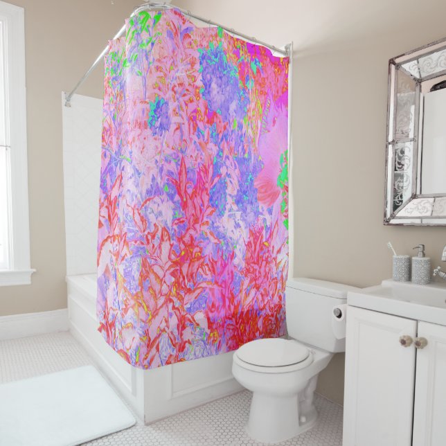 Pastel Pink and Red with Blue Hydrangea Landscape Shower Curtain (In Situ)