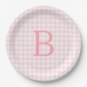 Pastel Pink and White Gingham Monogram Paper Plate