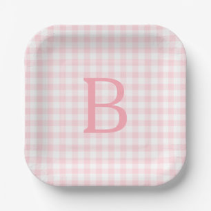 Pastel Pink and White Gingham Monogrammed Paper Plate