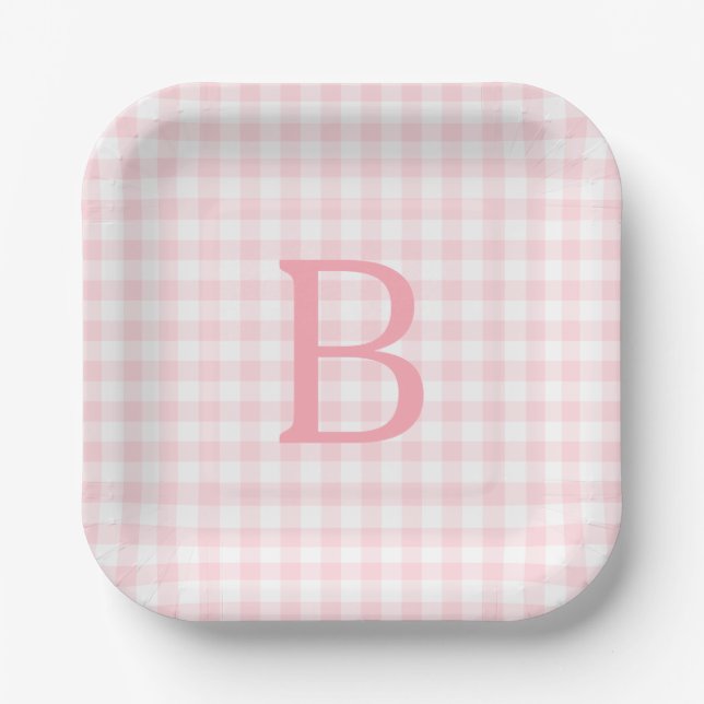 Pastel Pink and White Gingham Monogrammed Paper Plate (Front)