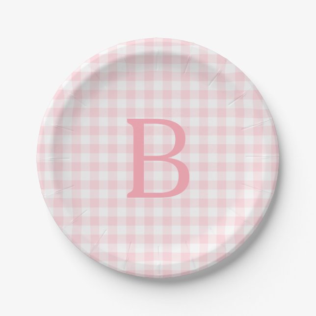 Pastel Pink and White Gingham Monogrammed Paper Plate (Front)
