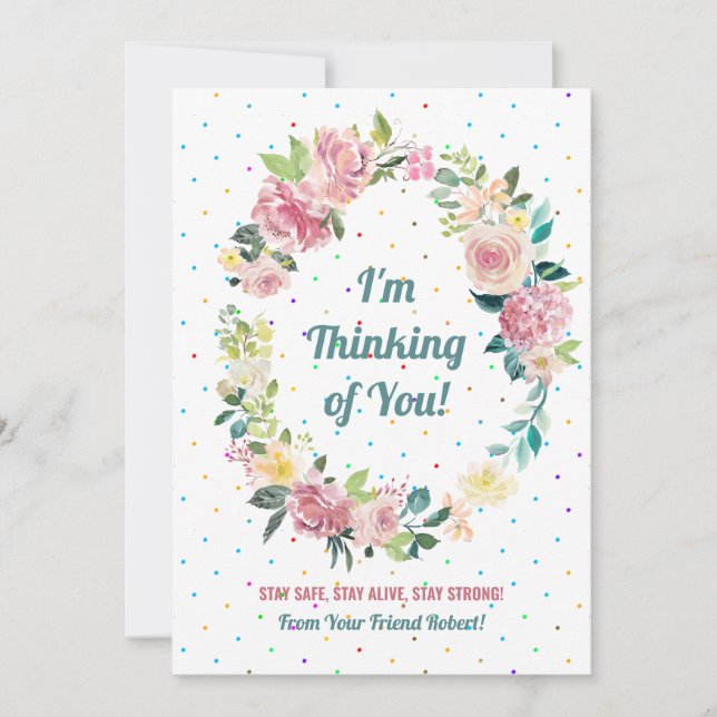 Pastel pink and white roses wreath holiday card (Front)