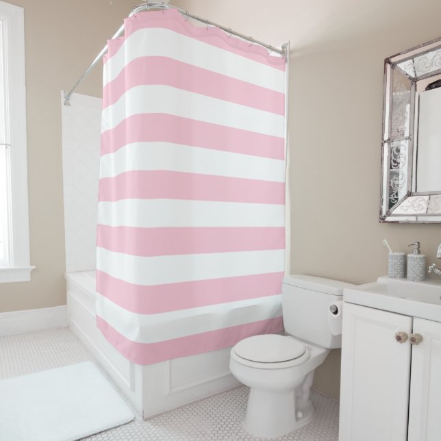 Pastel Pink and White Stripes Shower Curtain (In Situ)