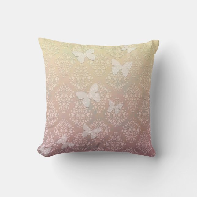 Pastel Pink and Yellow Butterflies Damask Pattern Cushion (Front)