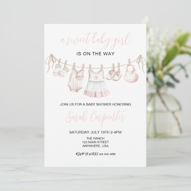 Pastel Pink Baby Clothes Girl Baby shower Invitation (Standing Front)
