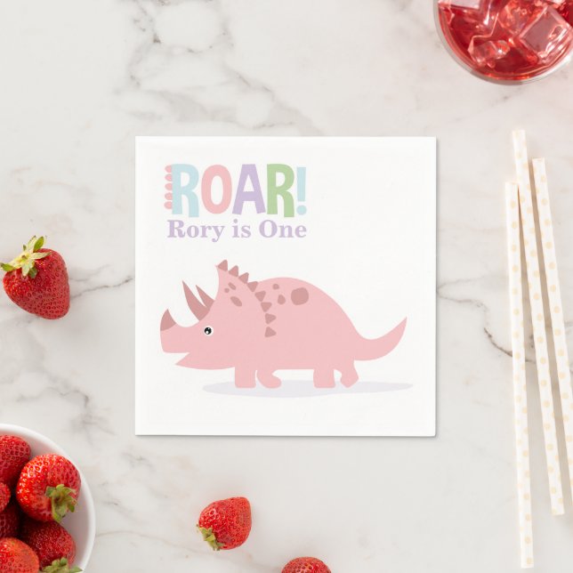 Pastel Pink Baby Dinosaurs Roar Birthday Party Napkin (Insitu)
