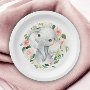 Pastel Pink Baby Elephant Floral Paper Plate