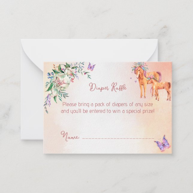 Pastel pink baby horse baby shower diaper raffle card (Front)