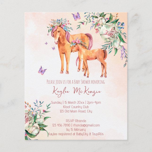 Pastel pink baby horse budget baby shower invitati (Front)
