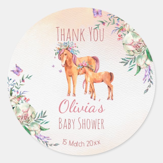 Pastel pink baby horse with mother baby shower classic round sticker (Front)