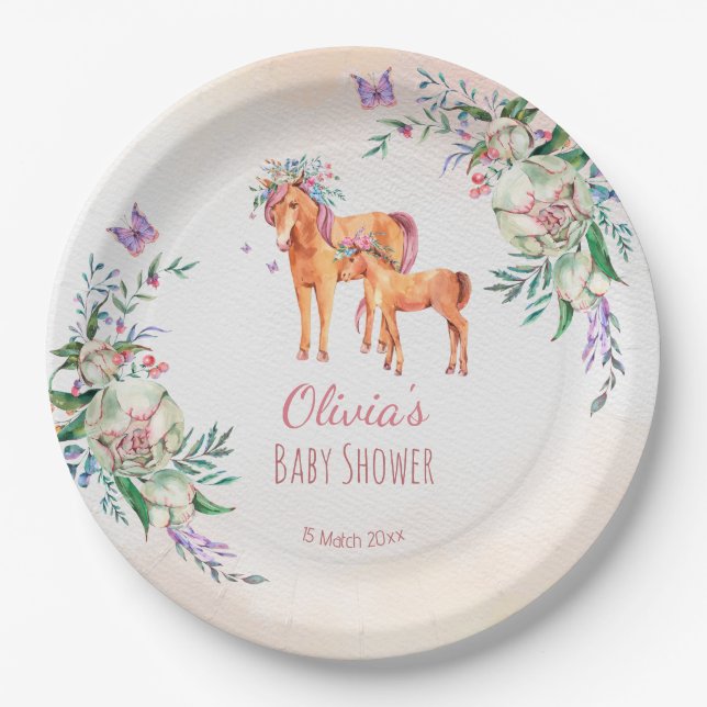 Pastel pink baby horse with mother baby shower  paper plate (Front)