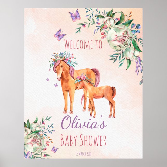 Pastel pink baby horse with mother baby shower  poster (Front)