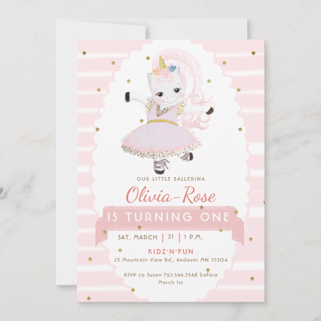 Pastel Pink Ballerina Unicorn Gold Girl Birthday Invitation (Front)