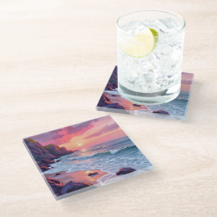 Pastel Pink Beach Sunset Ocean Waves Watercolor Glass Coaster