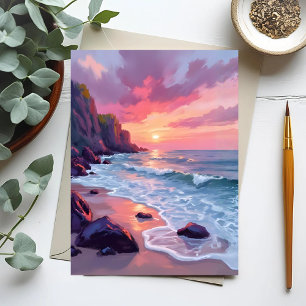 Pastel Pink Beach Sunset Ocean Waves Watercolor Postcard