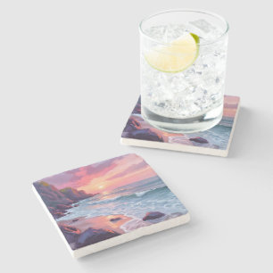 Pastel Pink Beach Sunset Ocean Waves Watercolor Stone Coaster